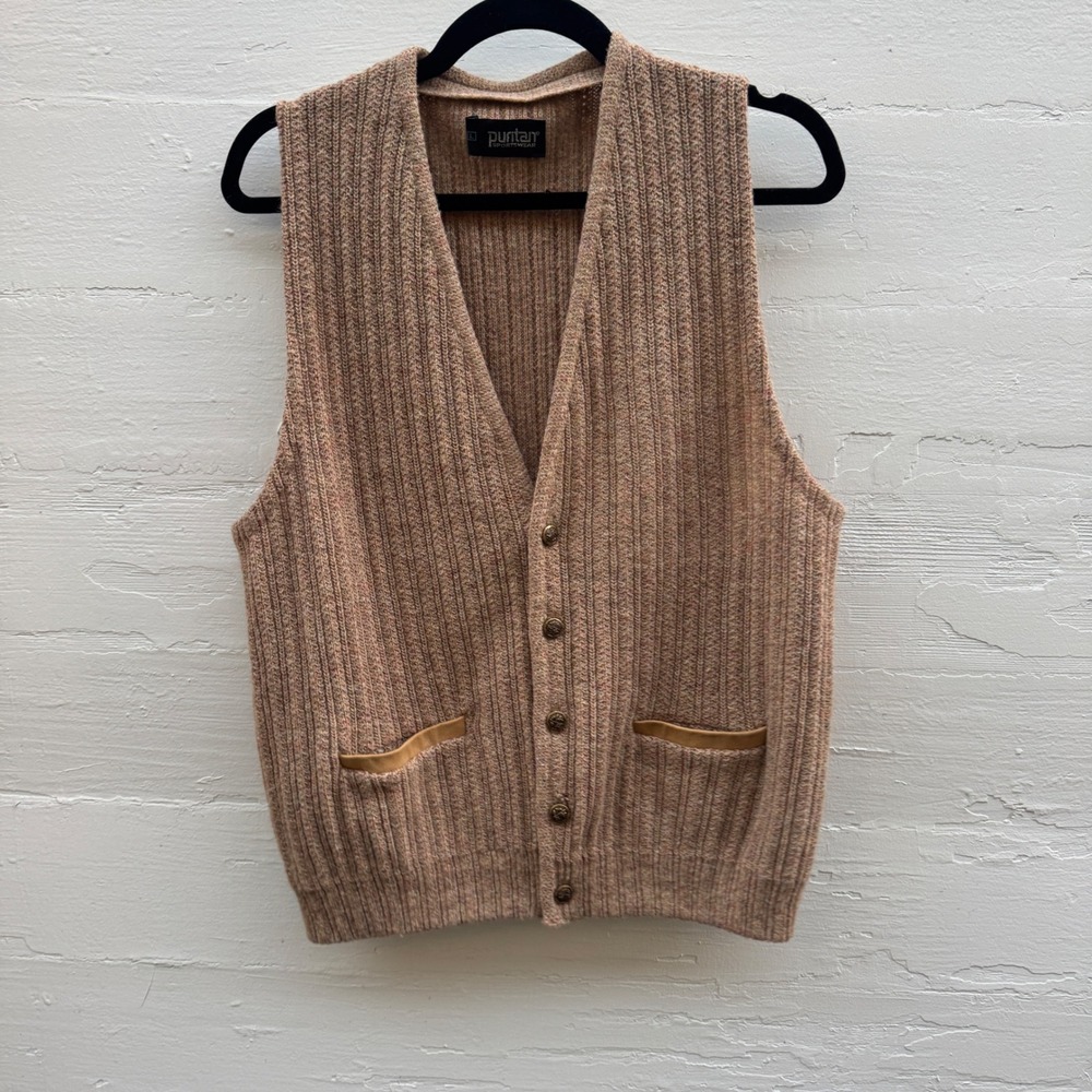Puritan Sportswear Cardigan Vest Large Tan Vintage Ribbed Knit Suede Trim Mens